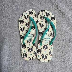 Havaianas Flip Flops Green French Bulldog Dog Charm Women  9/10 Excellent